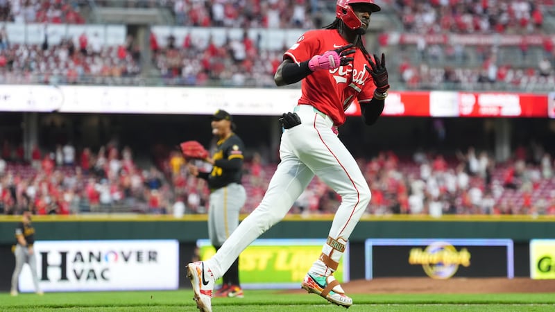 Cincinnati Reds' Elly De La Cruz reacts after hitting a two-run home in the second inning of a...