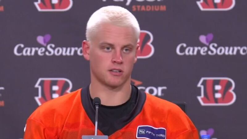 Joe Burrow talks to media after the first day of Cincinnati Bengals training camp on...