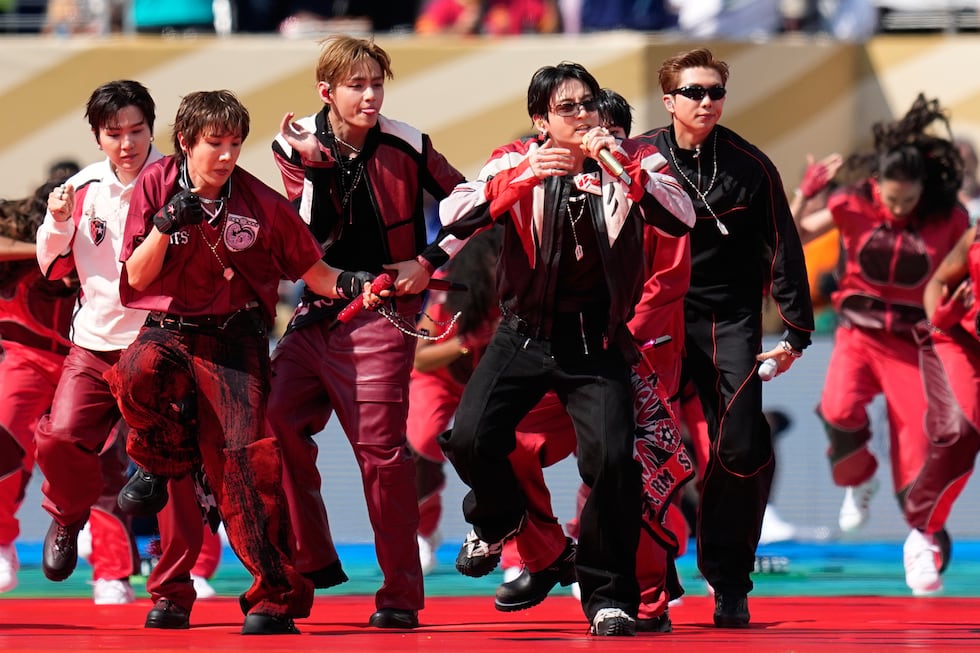 South Korean boy band BTS perform during the halftime show of the World Cup final soccer match...