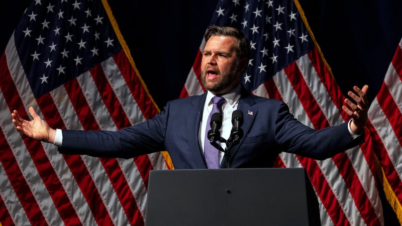 FILE - Vice President JD Vance speaks during the Ohio Republican Party dinner, June 24, 2025,...
