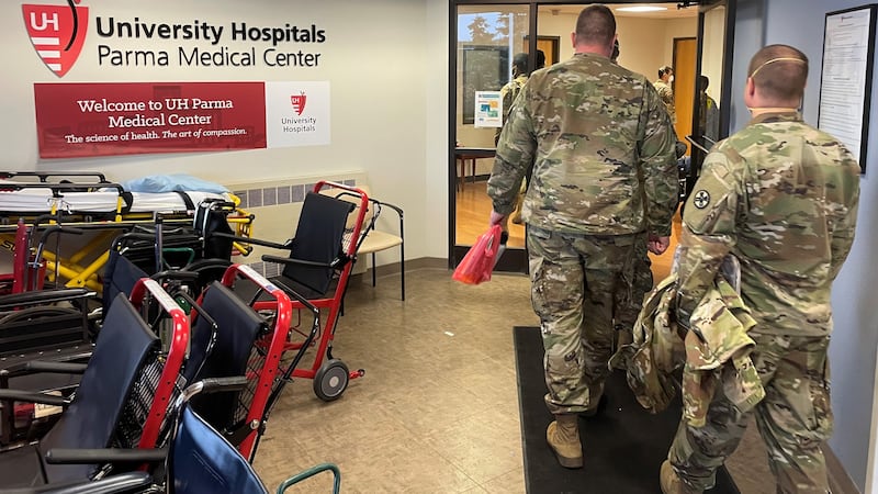Ohio National Guard members arriving at the University Hospitals Parma Medical Center...