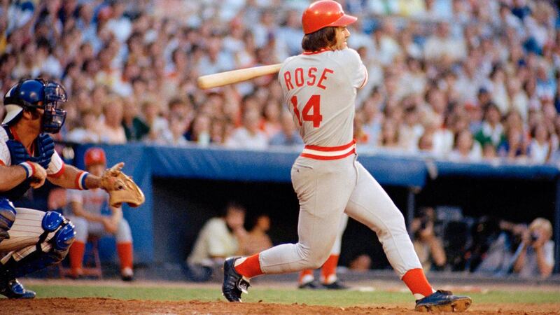 FILE - Pete Rose of the Cincinnati Reds in action at the bat against the Atlanta Braves in...