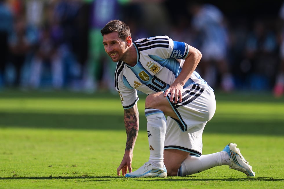 Argentina's Lionel Messi (10) reacts after heading the ball during the World Cup final soccer...